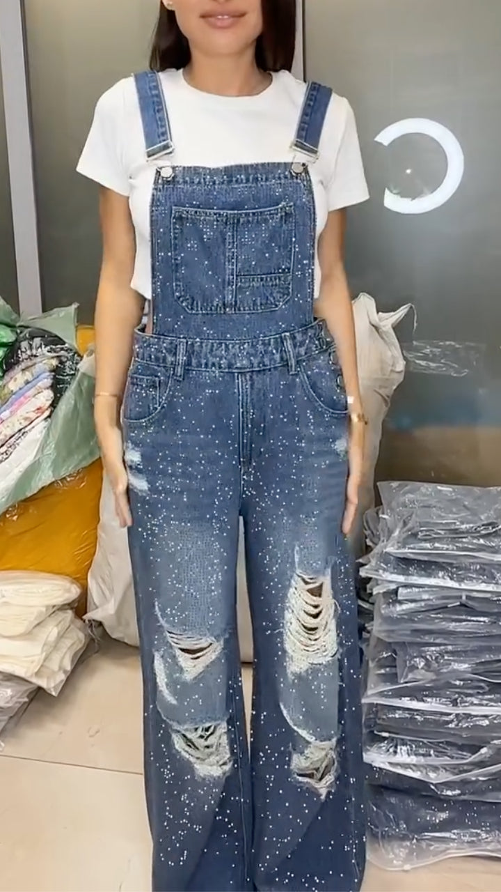 Women's Casual Denim Overalls with Rhinestone Accents and Distressing