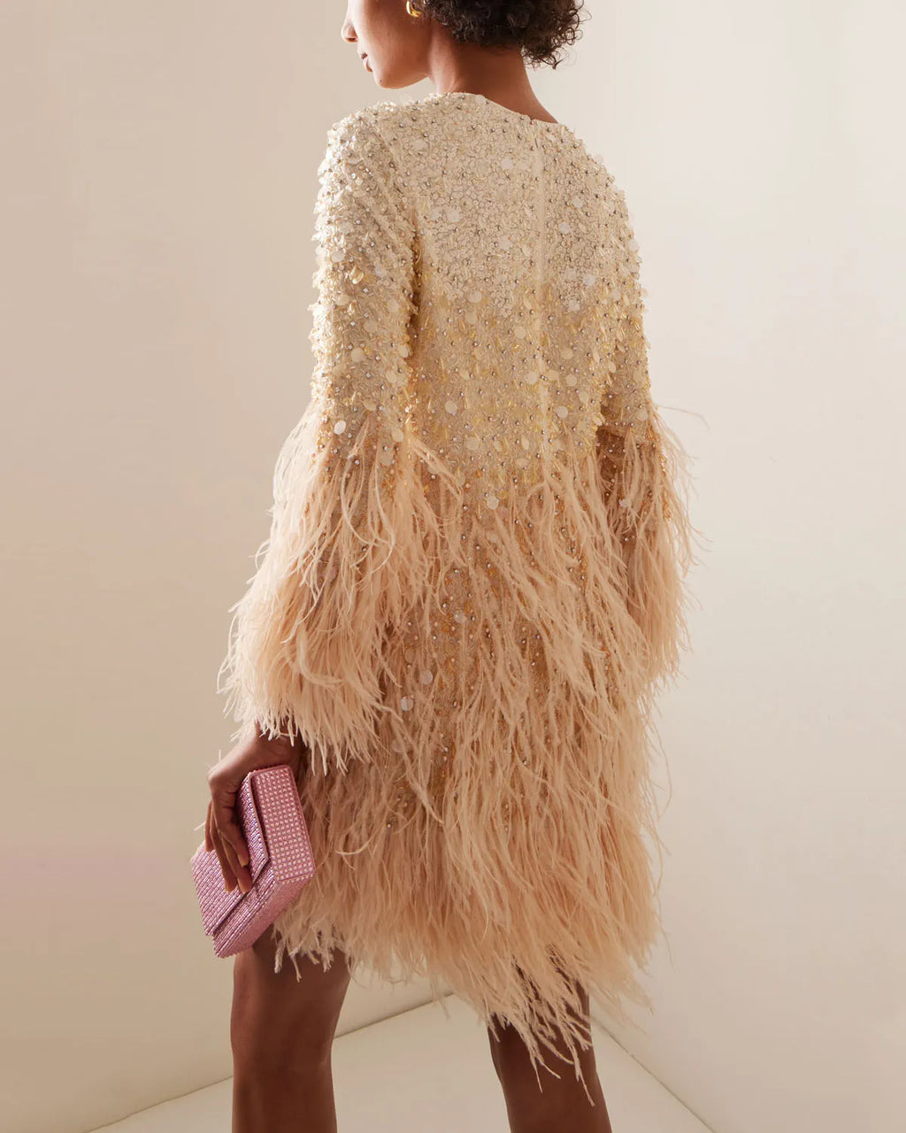 Feathered-Trimmed Embroidered-Silk Mini Dress