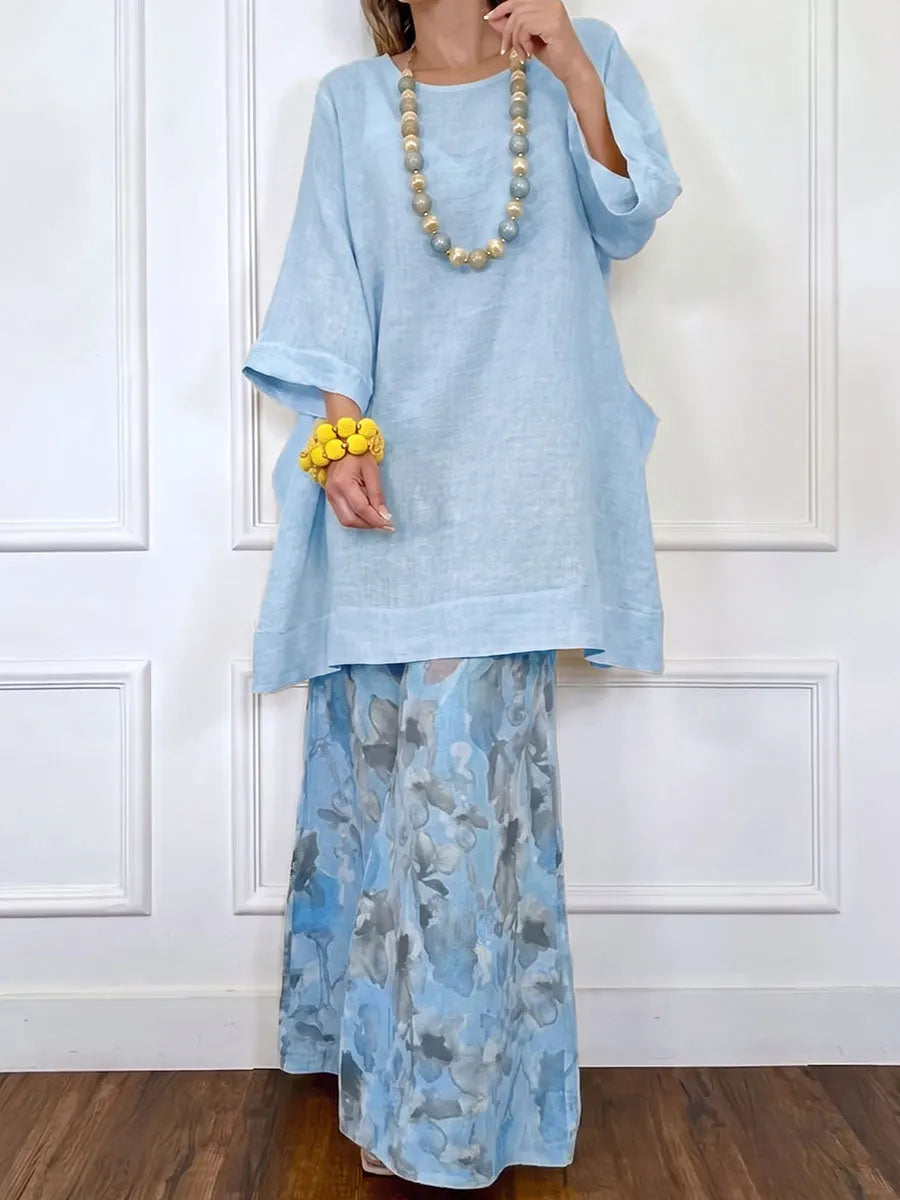 Flower Print Contrast Color Wide Leg Loose Trousers Pants