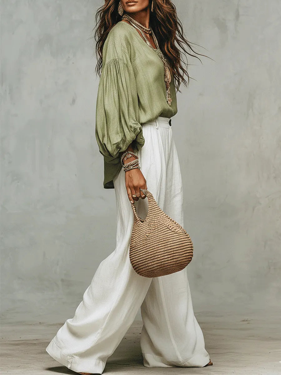 Sage Linen Blouse & Relaxed White Trousers Everyday Escape Set