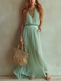 Romantic And Light Chiffon Mint Green Pleated Maxi Dress