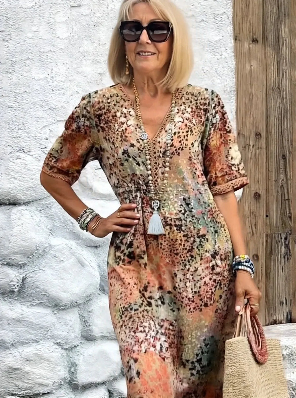 Vacation DRESS Women's Short Sleeve Summer Leopard Lace Dress V Neck Daily Going Out Casual Knee Length A-Line Khaki