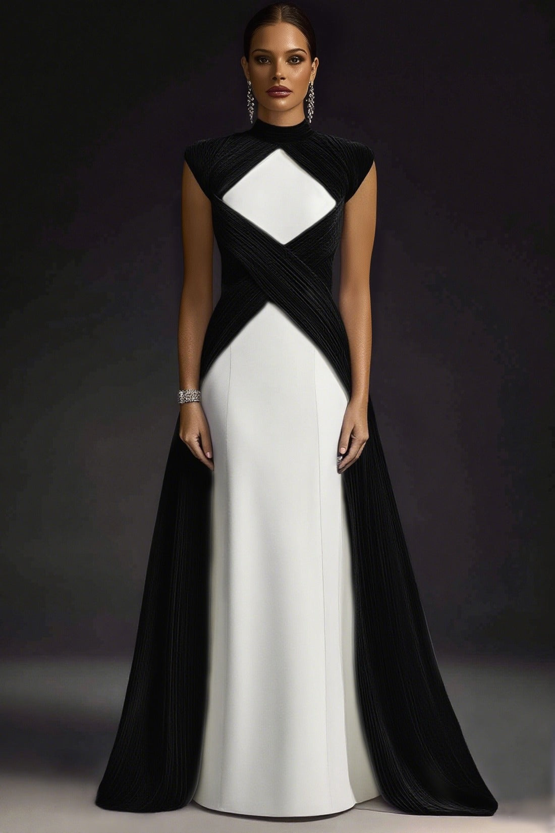 Formal Evening Dress Purple Stand Collar Pleated Train Maxi Gown