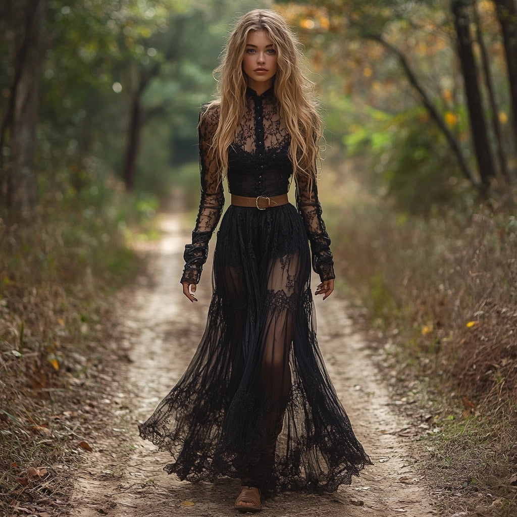 Retro V-neck Lace Women's Long-sleeved Dress Pastoral Style Lace Retro Long Dress