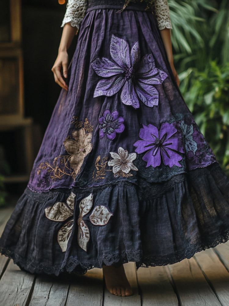 Women's Boho Lavender And Lace Patchwork Embroidered Art Linen Blend Skirt