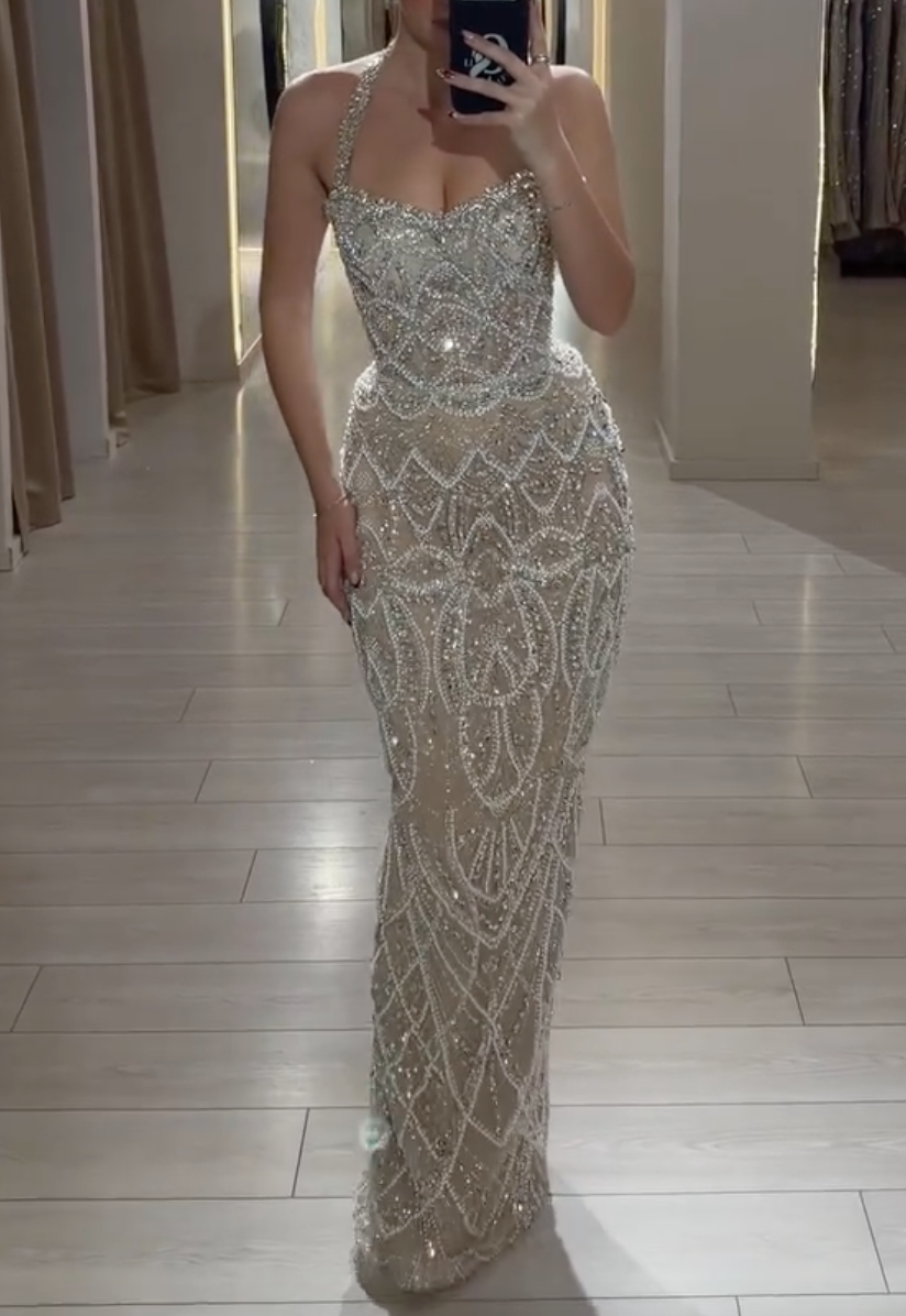 Silver Sparkly Evening Maxi Dress with Form-Fitting Mermaid Skirt