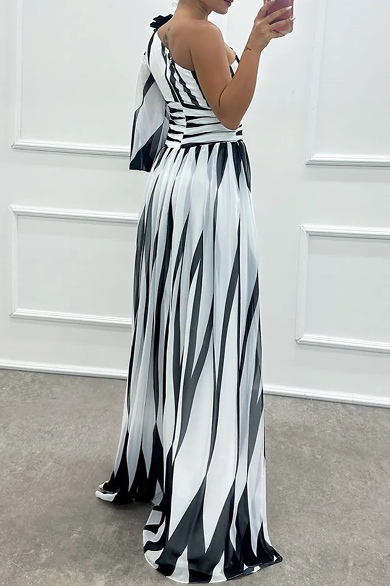 Wedding Prom Striped Print Slit Irregular Sloping Shoulder Evening Dresses