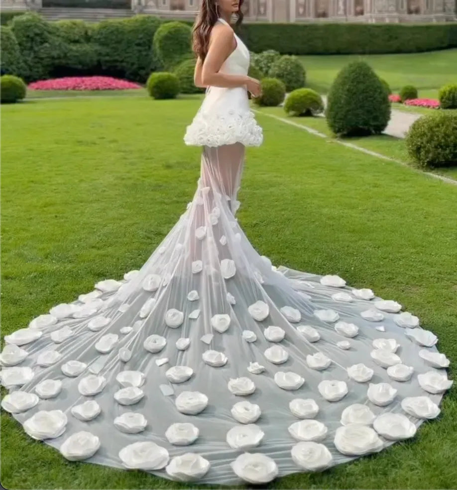 Halter Deep V Backless 3D Rose Peplum Tulle Mermaid Wedding Dress, White Floral Appliqué Oversized Train Bridal Gown