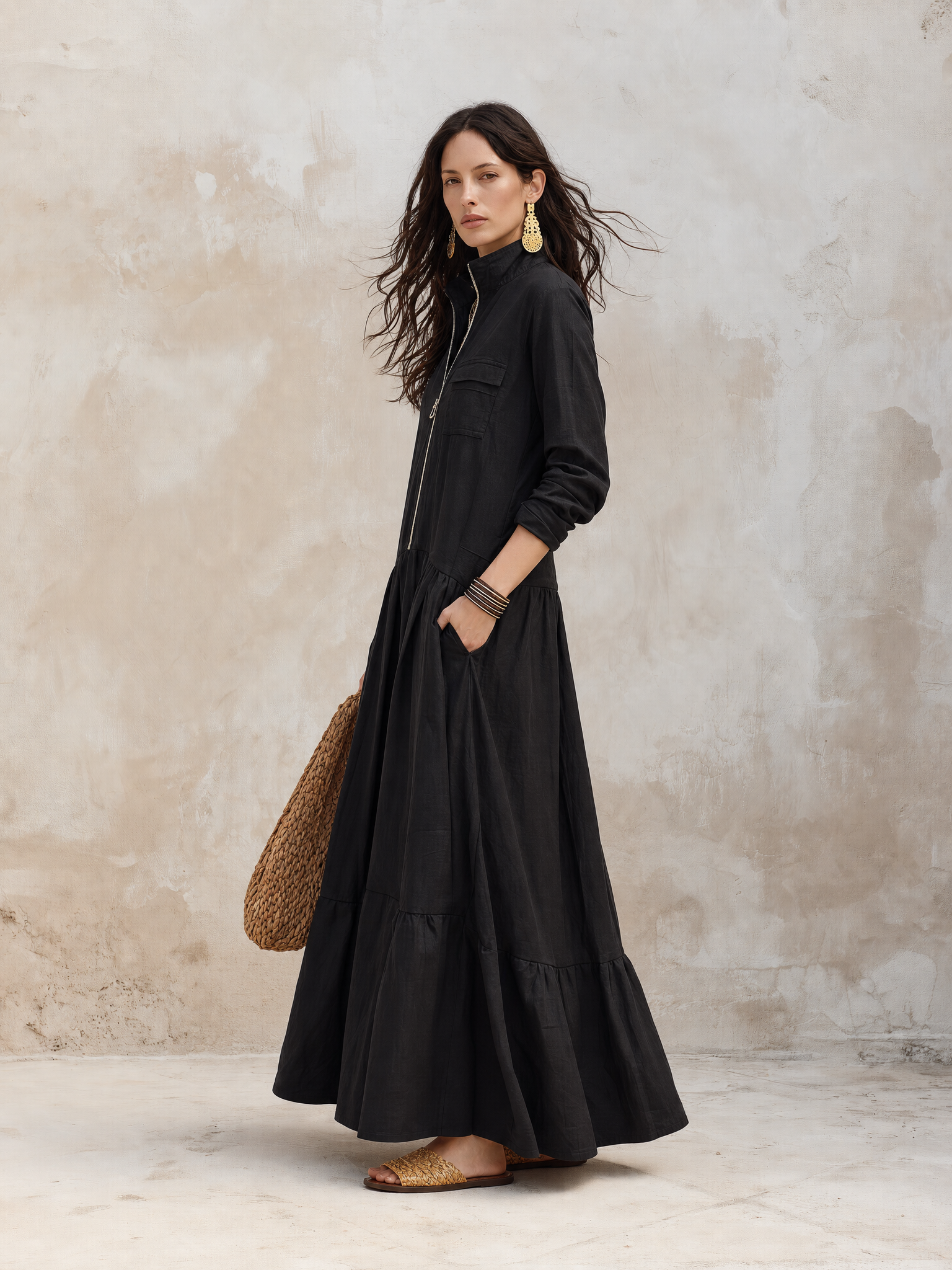 Effortless Boho Linen Zip-Front Tiered Drop-Waist Black Maxi Dress