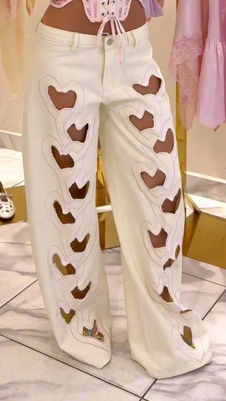 White Heart Cutout Wide Leg Denim Pants