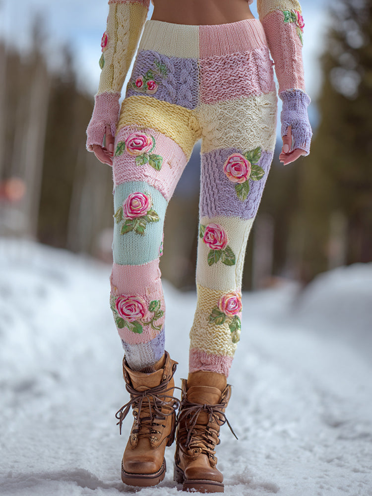 Women's Vintage Floral Patchwork Art Cozy Knit Leggings