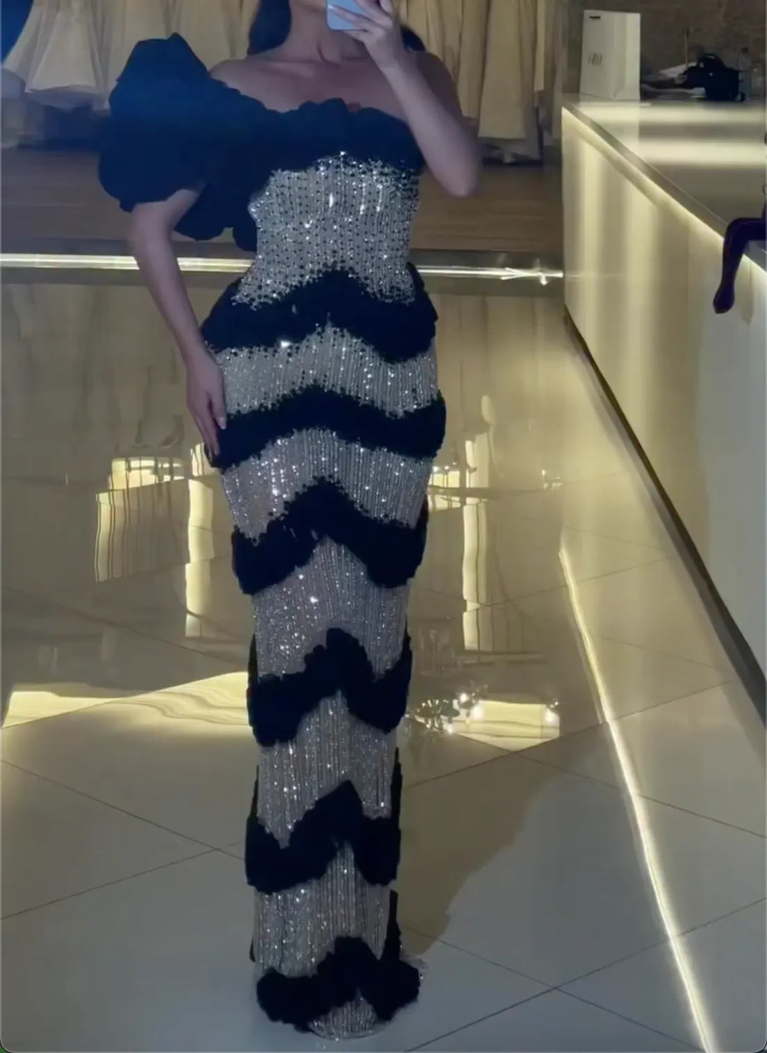 Silver Rhinestone Off Shoulder Evening Maxi Dress - Wavy Ruffle Tiered Mesh Mermaid Formal Gown