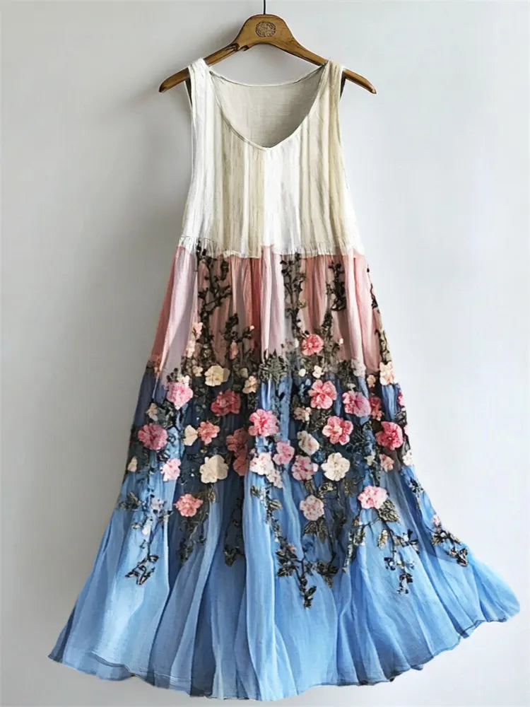 Floral Embroidered Transgender Colorblock Flowy Tank Dress