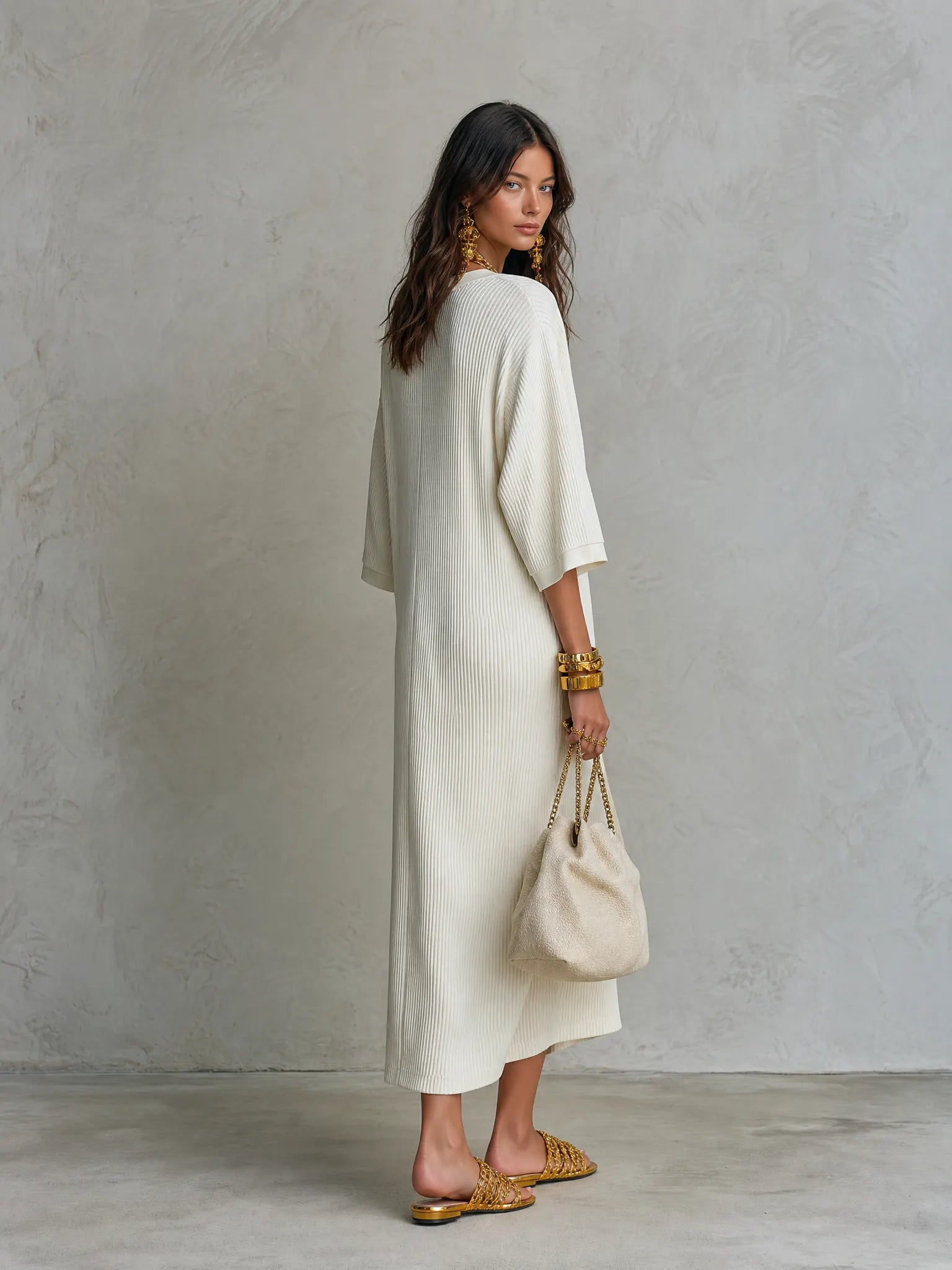 Ribbed Knit V-Neck With Batwing Sleeves Midi Dress