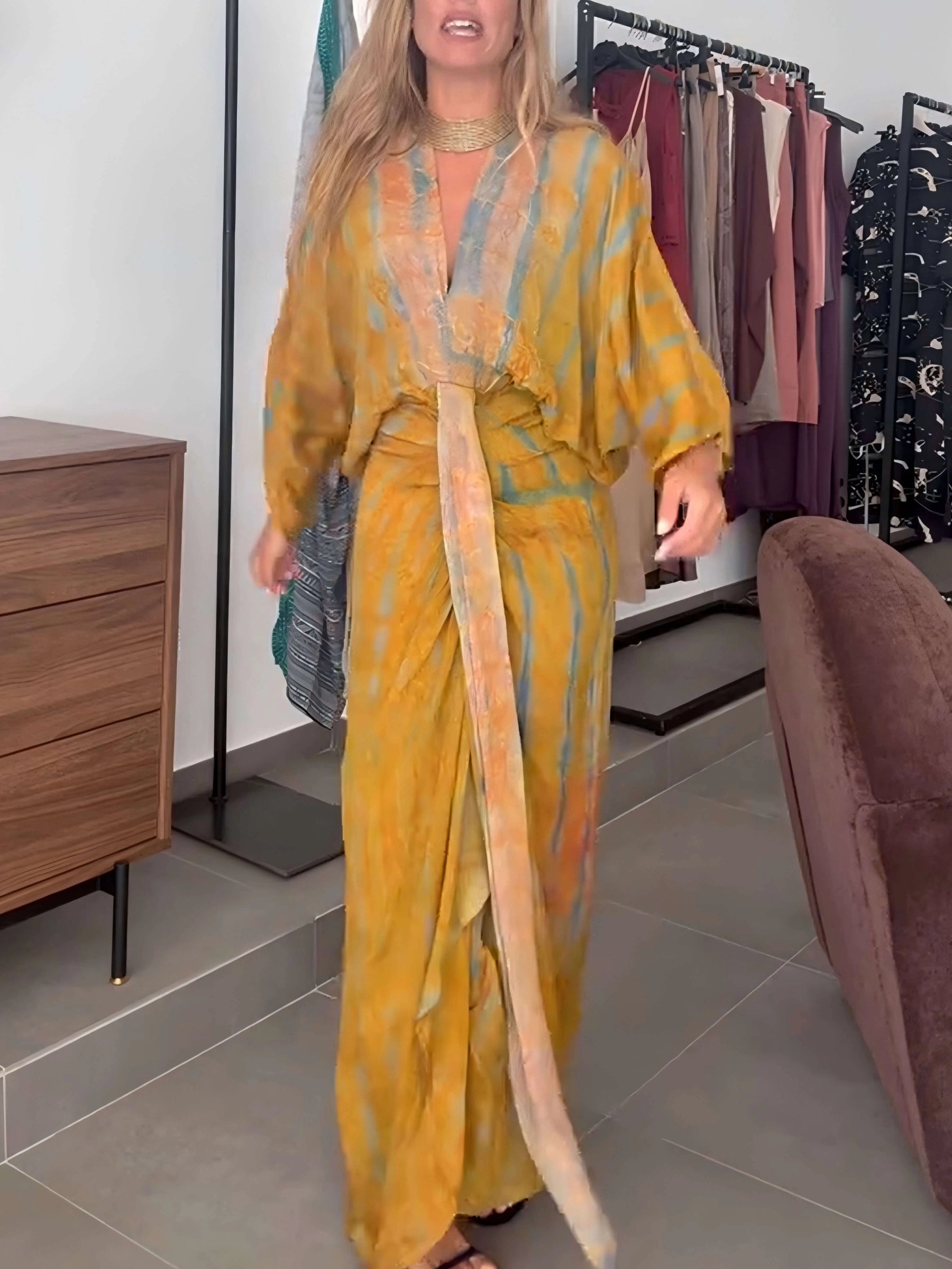 Tie-Dye V-Neck Batwing Sleeve Waist Tie Maxi Dress