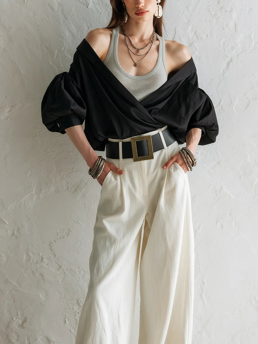 Modern Black Off Shoulder Draped Blouse With Wide Leg Pants