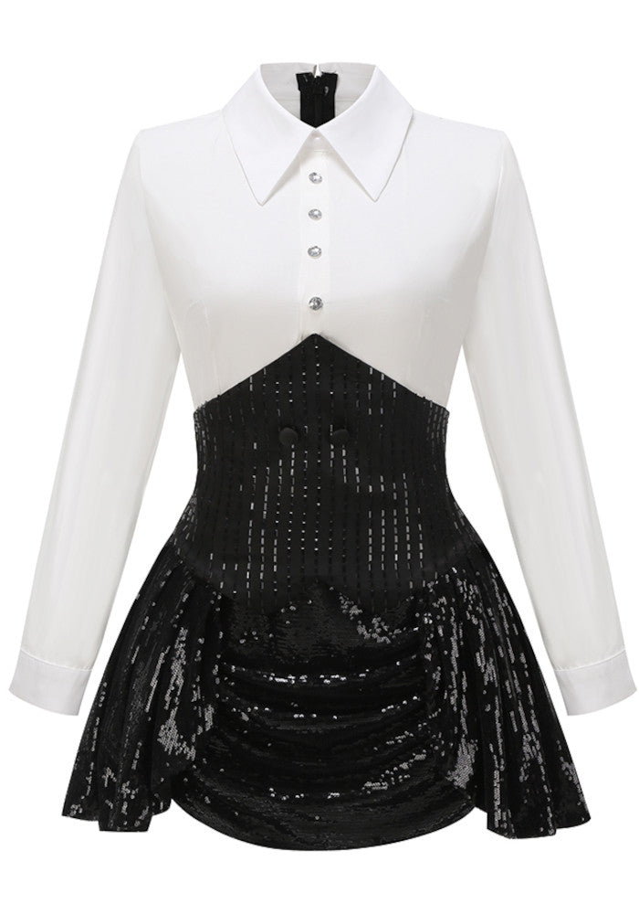 Long Sleeve Sequin Two Piece Dress Black White
