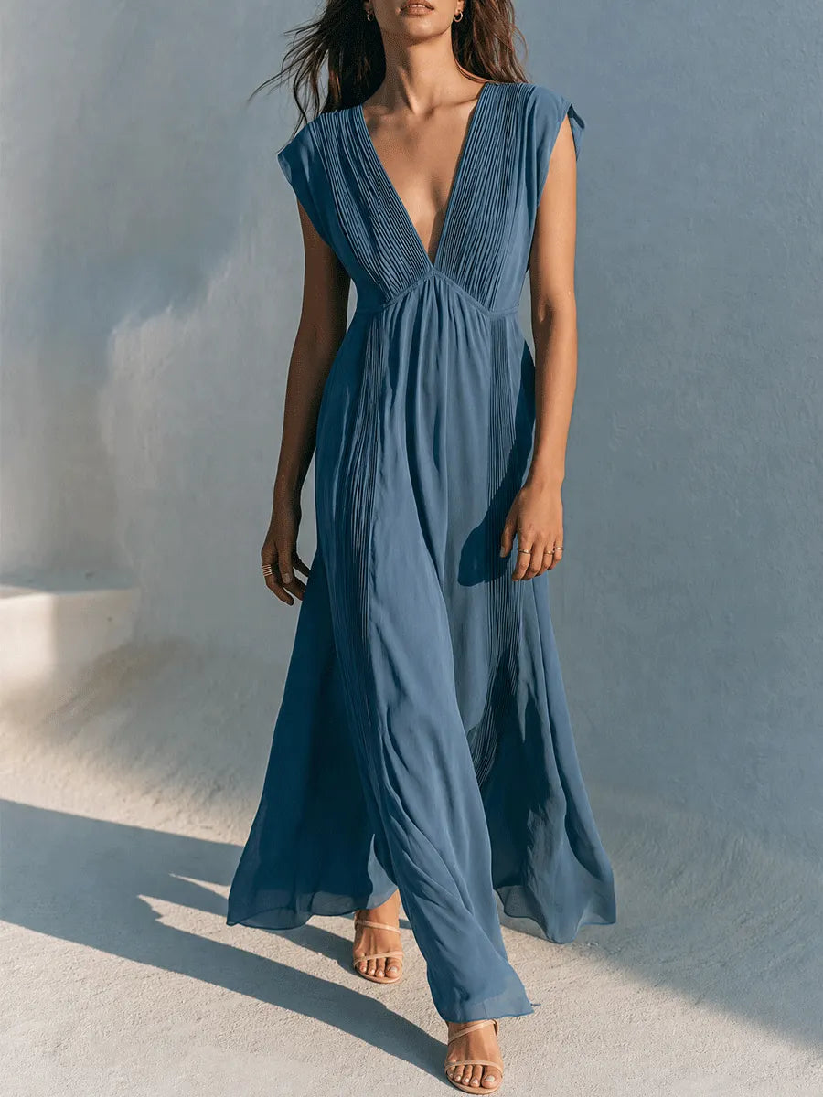 Elegant Resort Chiffon Pleated Deep-V Flowy Dusty Blue Maxi Dress