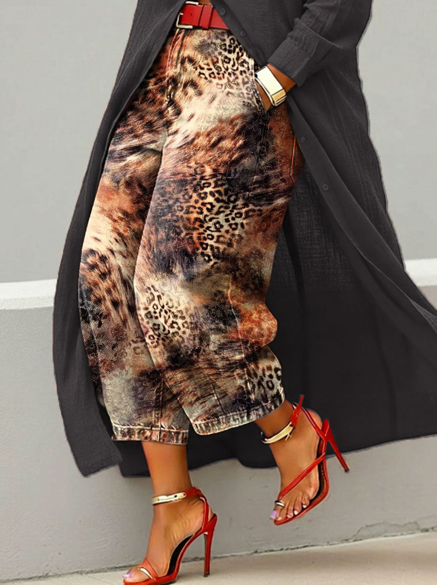 Women’s Stylish Leopard Casual Wide Denim Pants