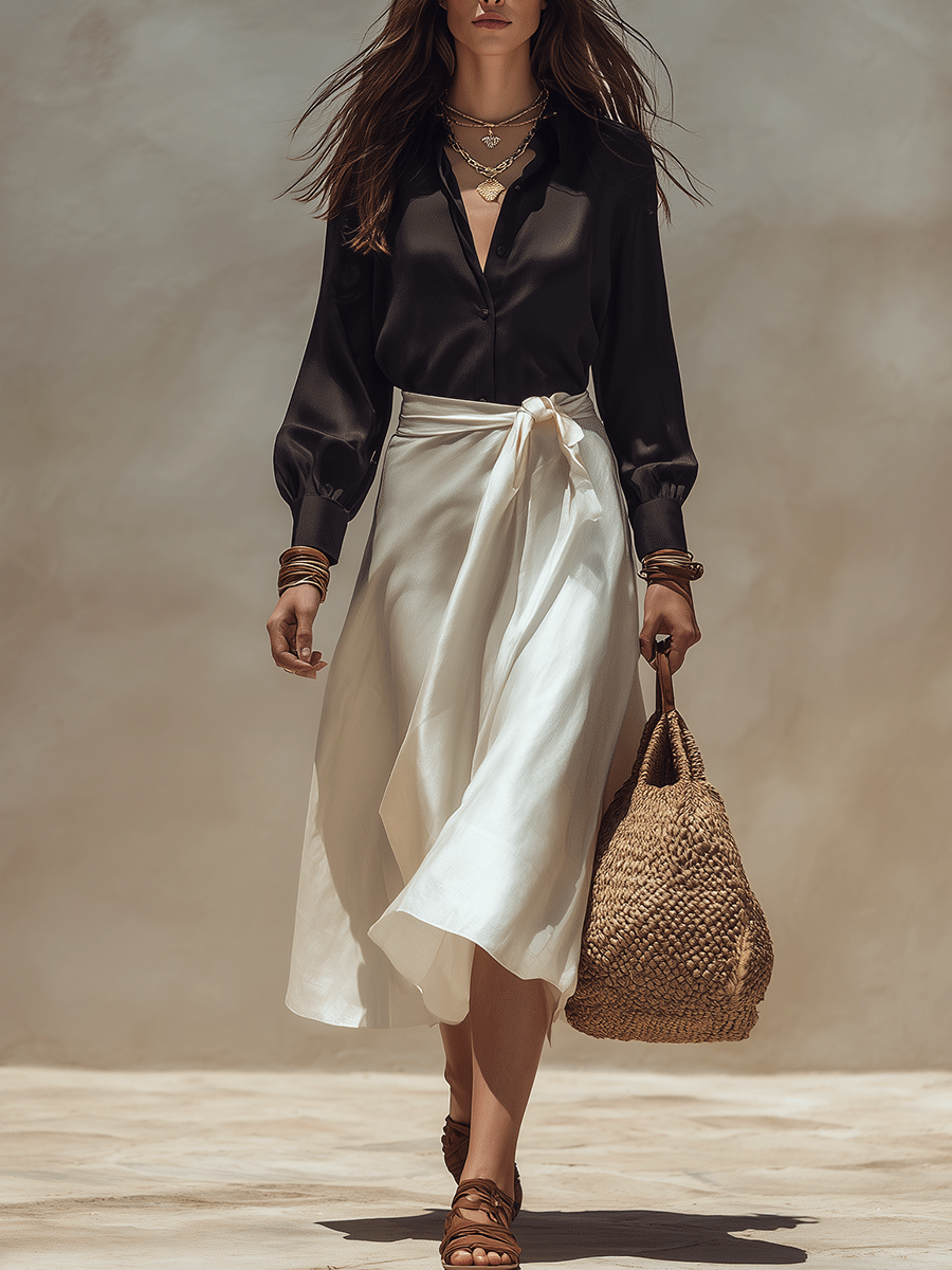 Elegant Effortless Chic Satin Blouse & Wrap Midi Skirt Set