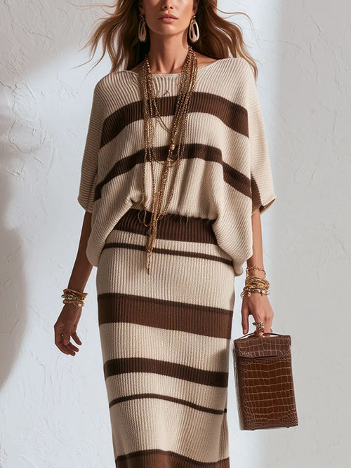 Bohemian Style Khaki Knit Batwing Sleeve Top And Skirt Set