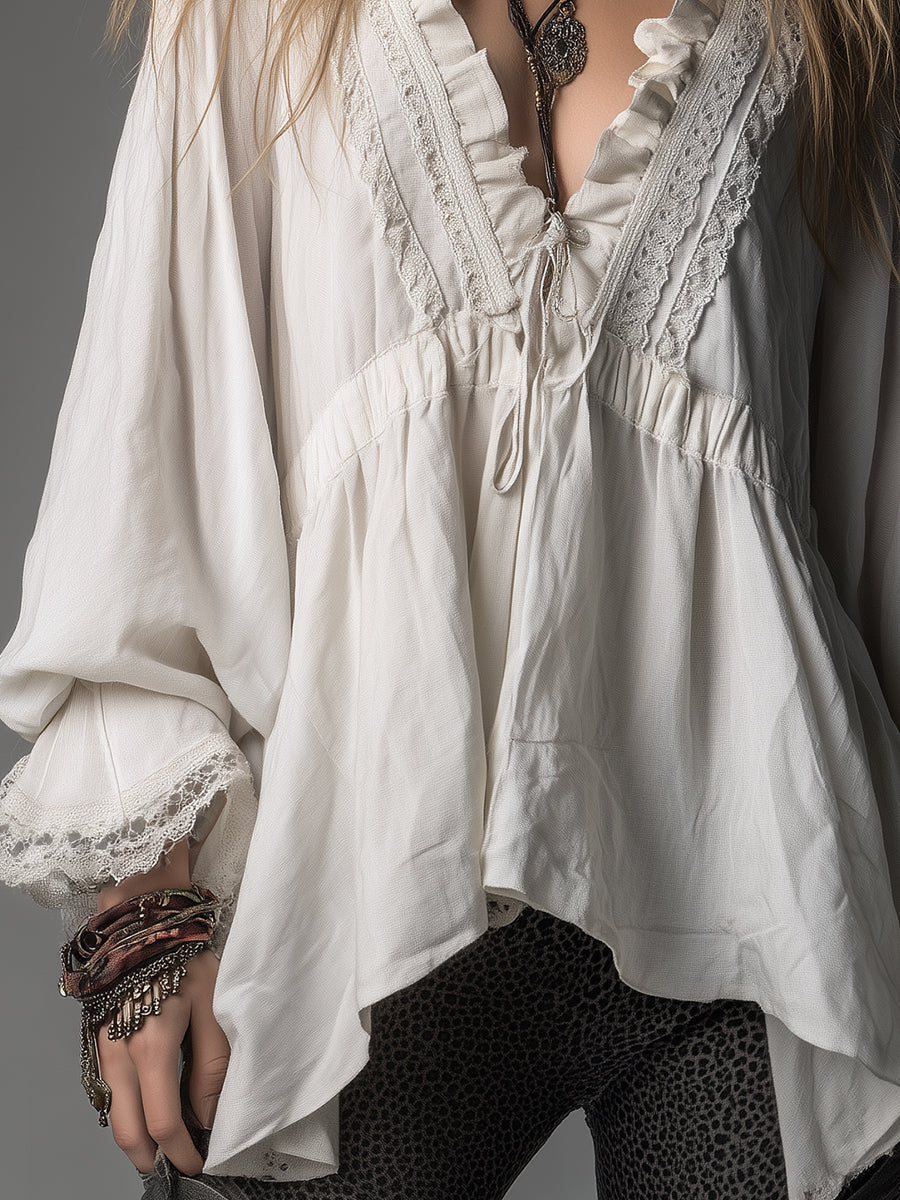 Bohemian-style Loose-fitting Cotton Blend Blouse With Lace Trim
