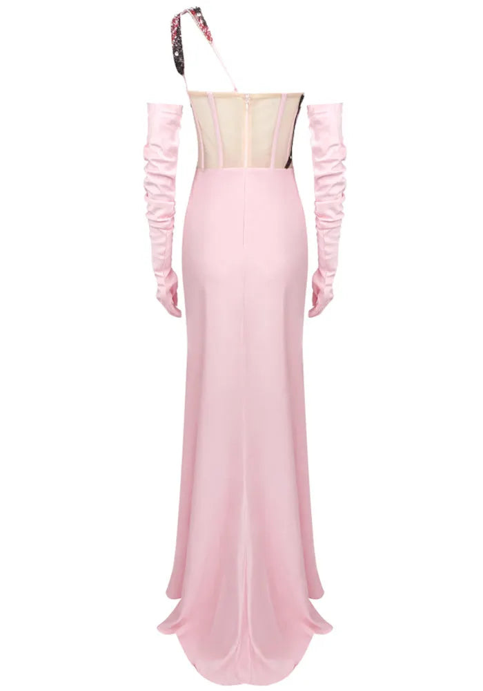 One Shoulder Crystal Corset Maxi Dress Pink