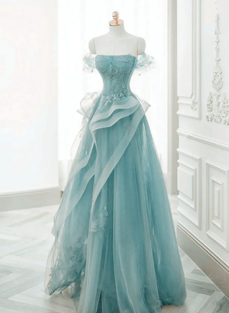 Off Shoulder Lace-up Formal Dress,Blue Birthday Dress Pretty Prom Dress    25026