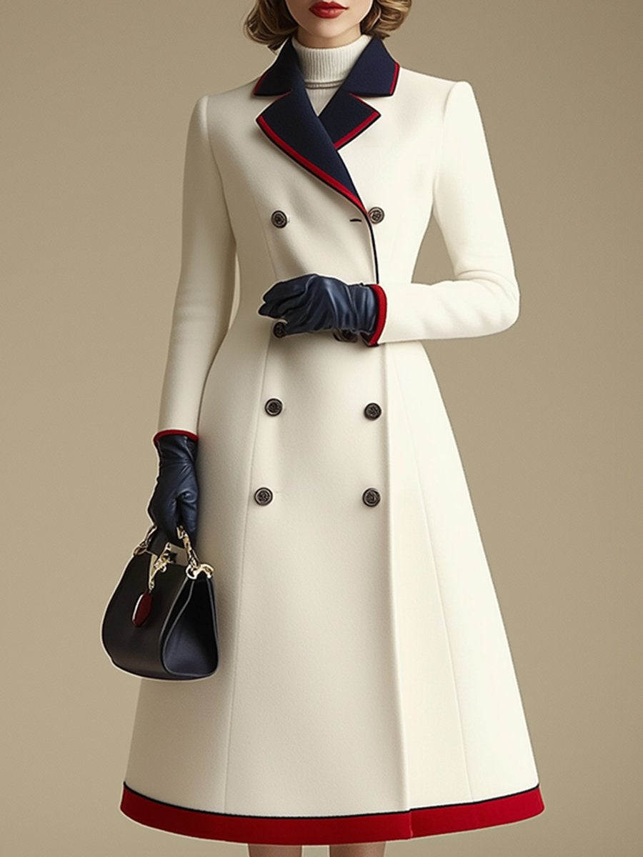 [24-hour shipping out]High-End Retro And Fashionable Double-Breasted Lapel Color-Blocked Long Coat