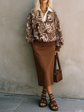 Vintage Luxe Baroque Pullover & Brown Midi Skirt Set