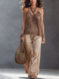 Bohemian Leopard Print Suspender Satin Wide-leg Pants Suit