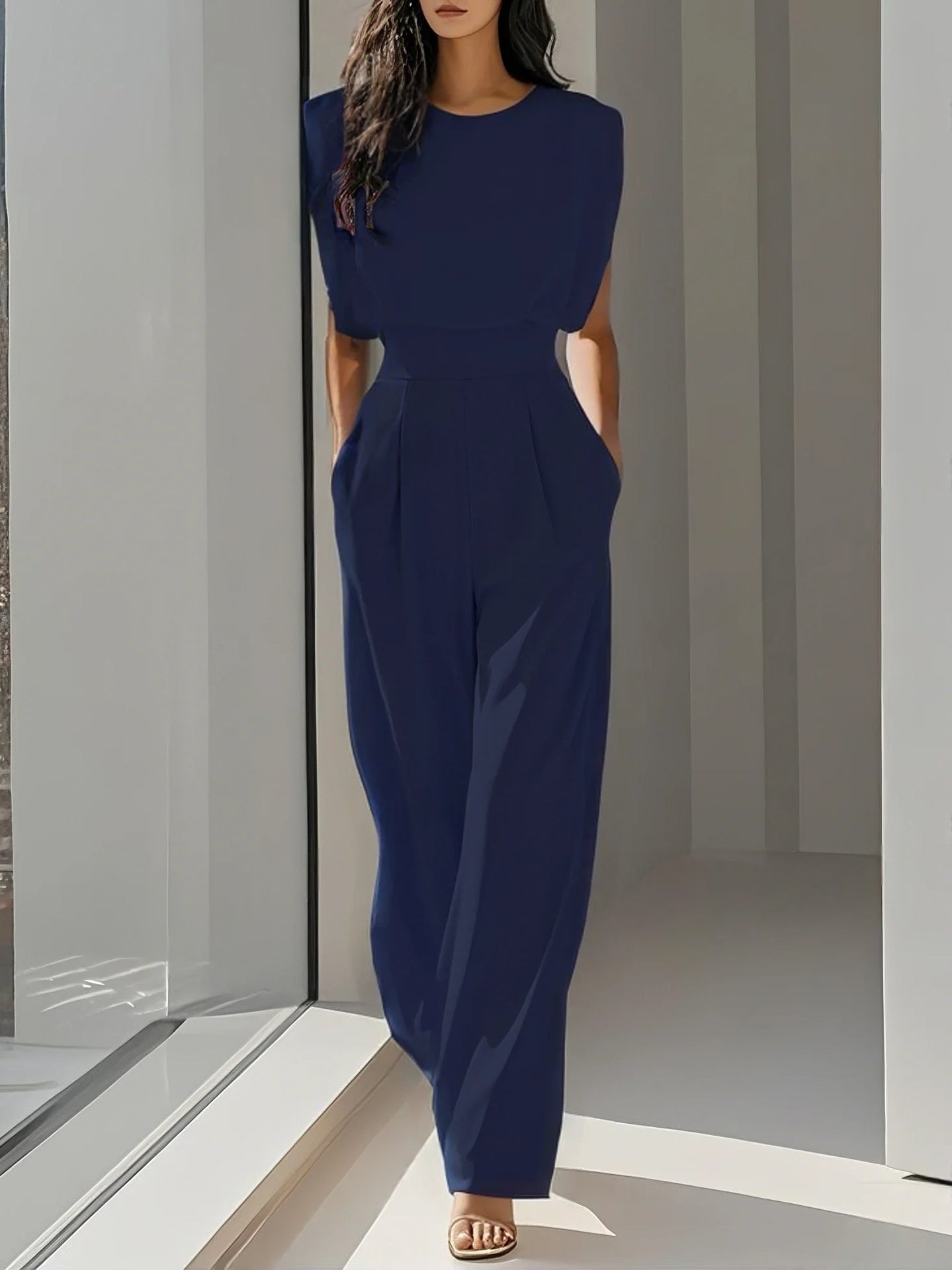 Women's Elegant High-Waist Jumpsuit - Wrinkle-Free Sleeveless Wide Leg Romper with Pockets