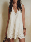 Elegant Vacation Boho Eyelet Flowy Embroidered Resort Ivory Mini Dress
