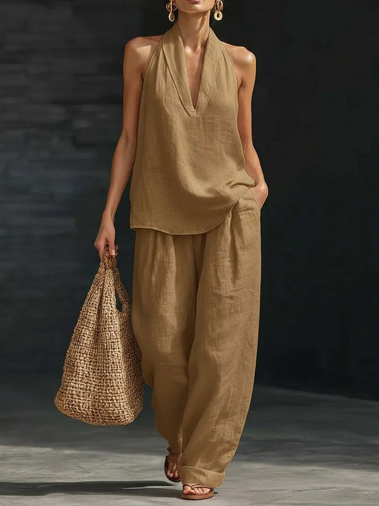 Boho Linen-Look Halter Set - Sleeveless V-Neck Top & Flowy Wide-Leg Pants Two-Piece Suite