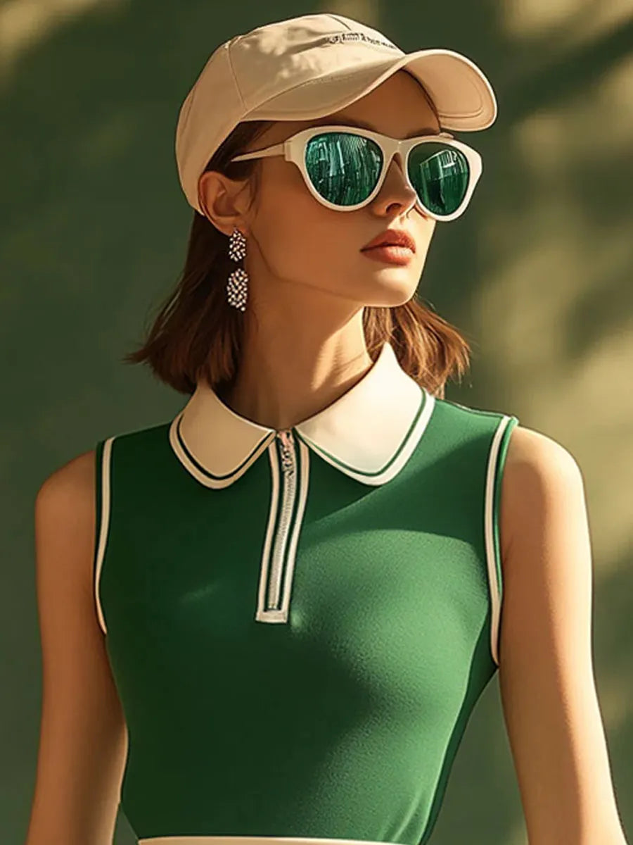 [24-hour shipping out]Casual Fashion Polo Neck White Trim Green Sleeveless Mini Dress