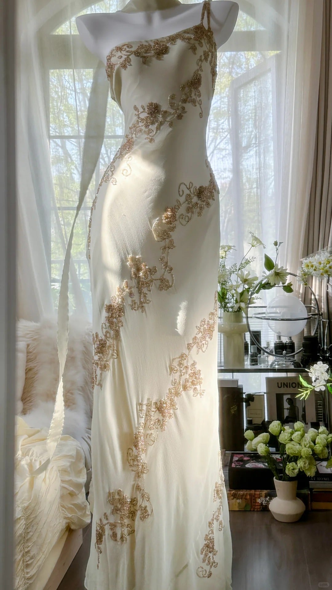 Ivory White Vintage Fashion One Shoulder Exquisite Beaded Long Chiffon Ball Gown Birthday Party Dress Cocktail Party Dress Evening Dress Prom Dress 3971