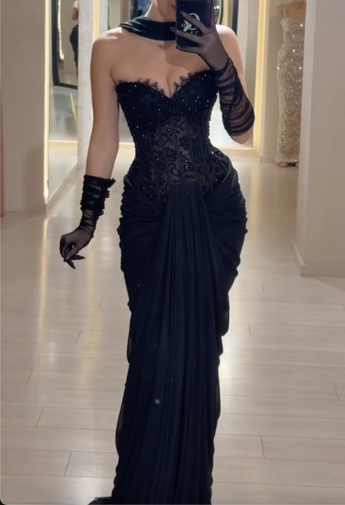 Black Strapless Beaded Corset Maxi Dress