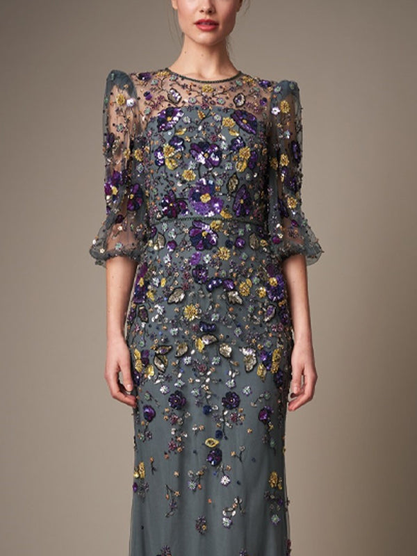 Round neck sequined mesh maxi dress - 01
