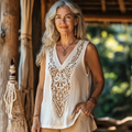Vintage Bohemian Cotton And Linen V-neck Top