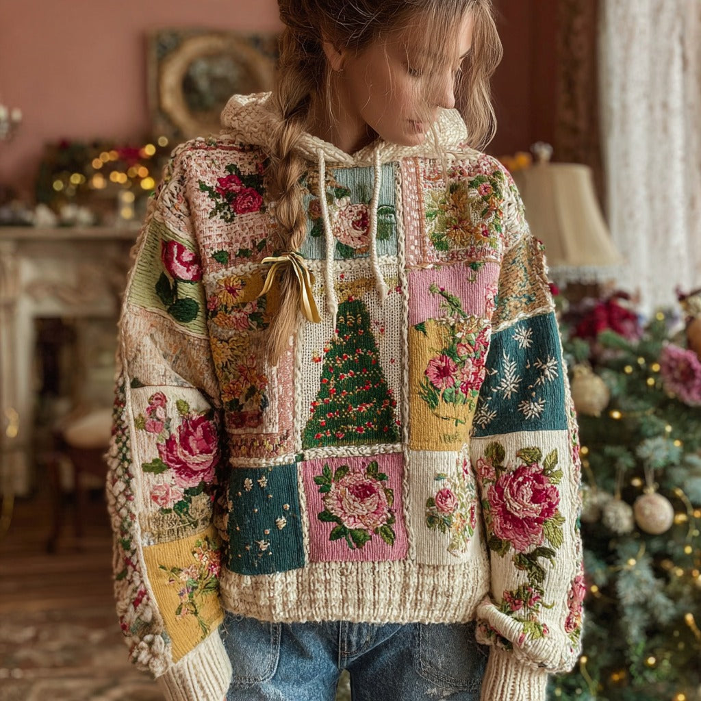 Women's Christmas Tree And Floral Pattern Knitted Hooded Sweater