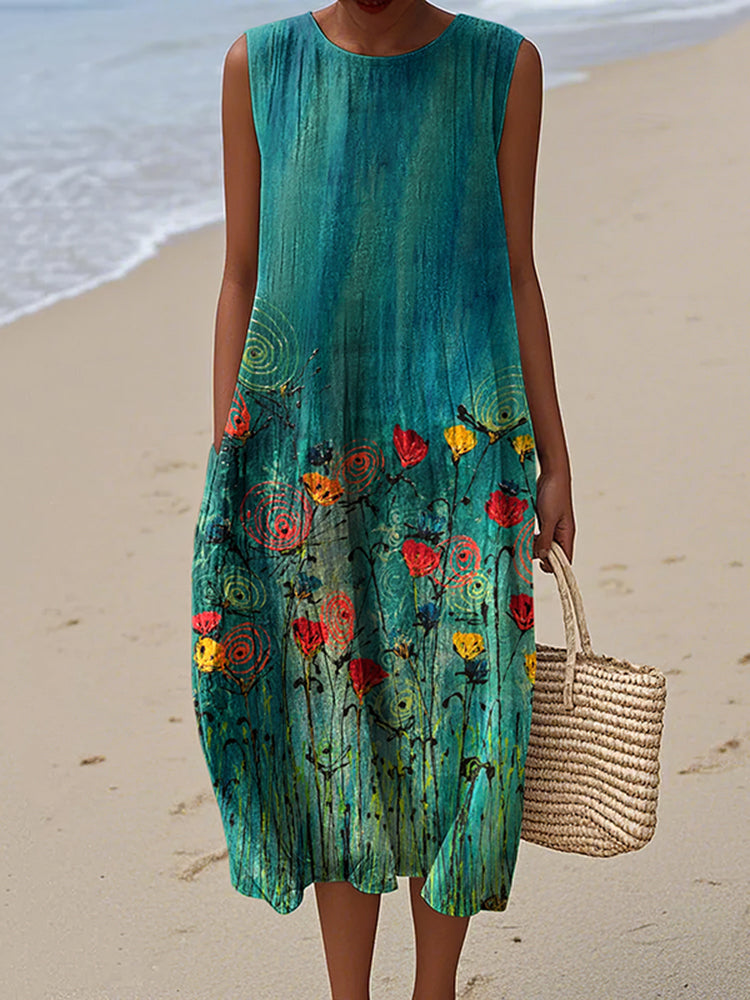 Women's Vintage Floral Art Pattern Print Sleeveless Cotton Wrap Dress