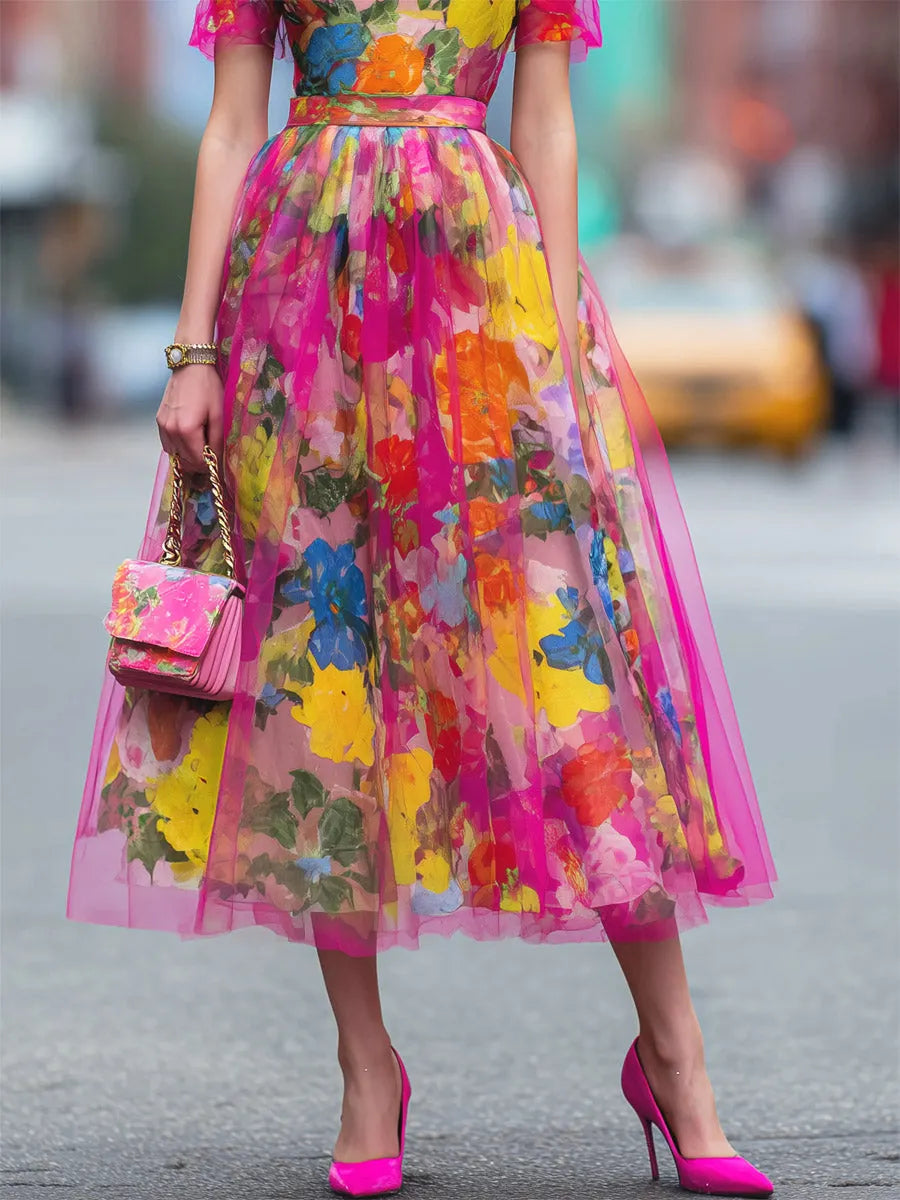 Women's Fashion Floral Art Print Casual Stylish Short Sleeve Comfortable Dress
