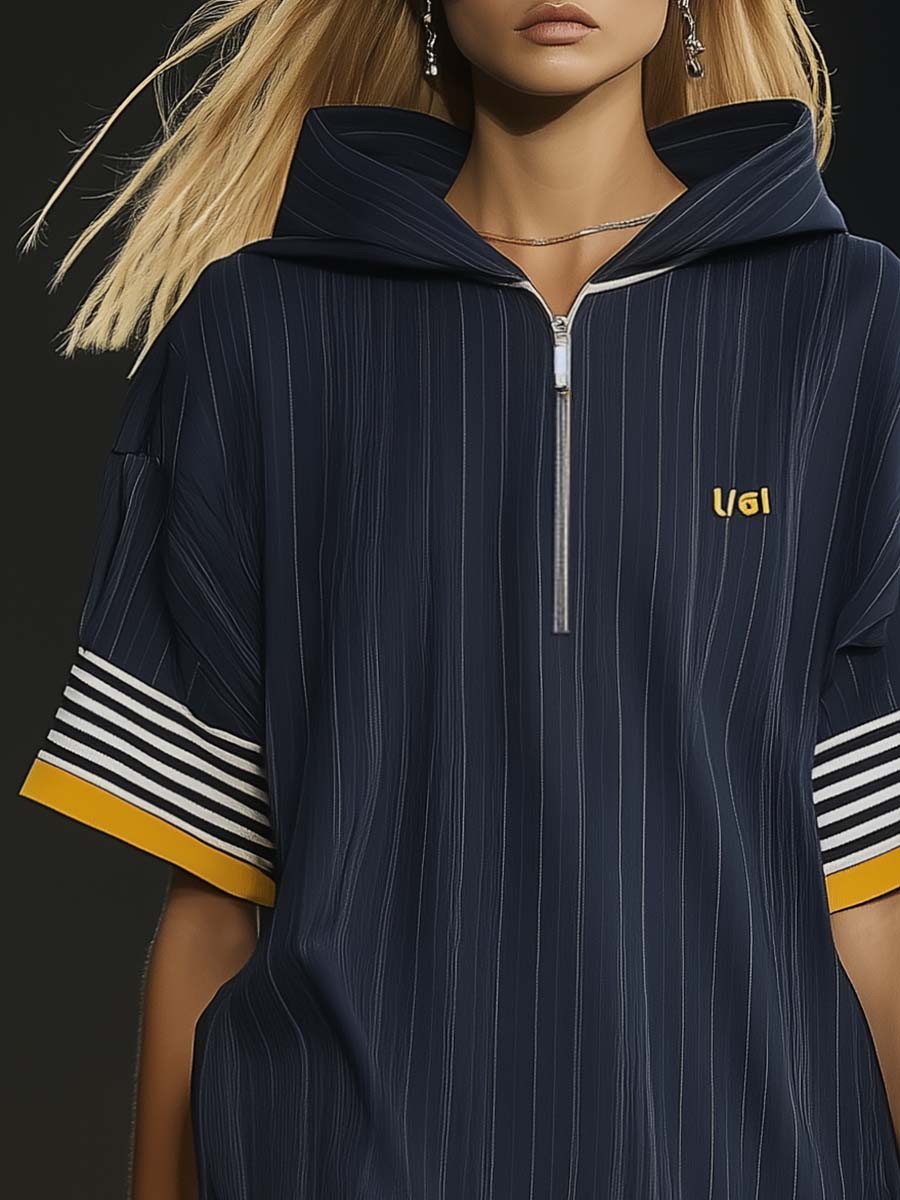 [24-hour shipping out]Casual Ultra-loose Front Zipper Short-sleeved Ruffled Hem Navy Blue Hoodie Style Mini Dress