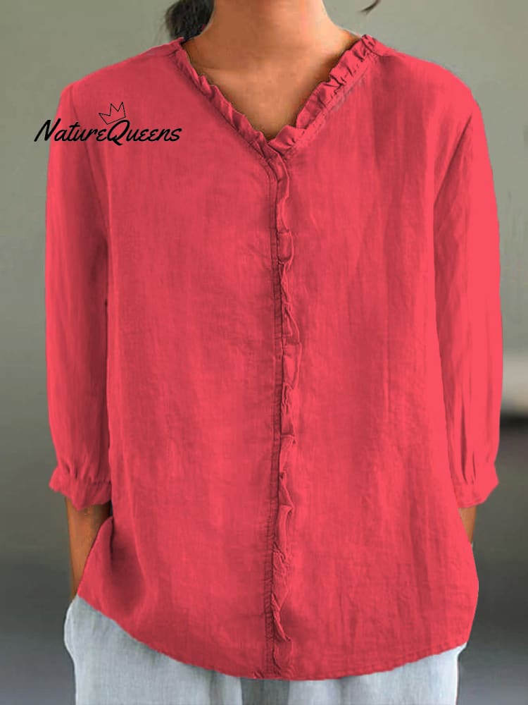 Women's Casual Cotton And Linen Ruffle Collar 3/4 Sleeve Shirt