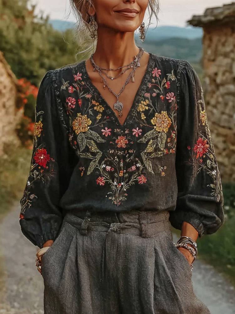 Women's Floral Pattern Linen V-neck T-shirt