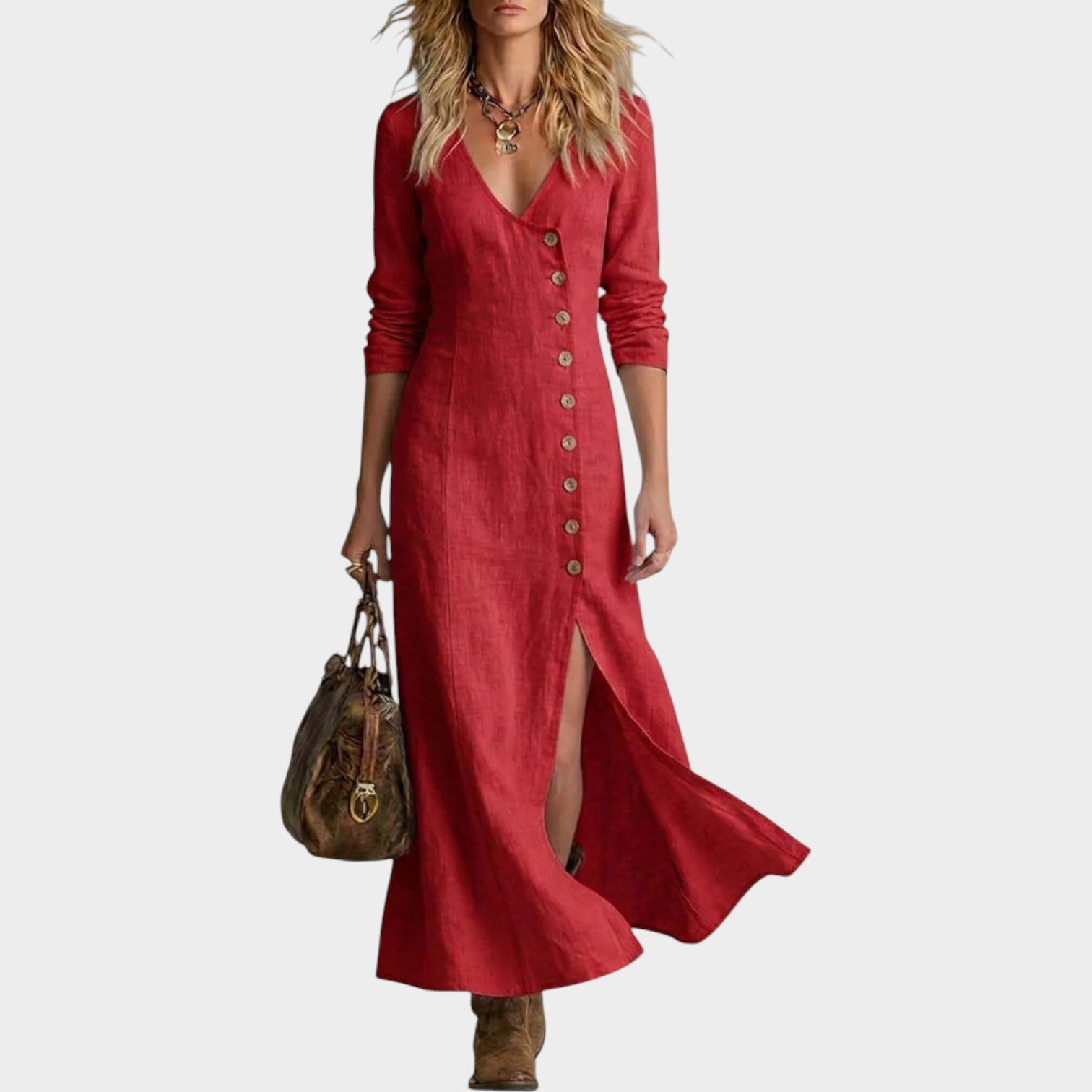 Button-Front Linen Maxi Dress