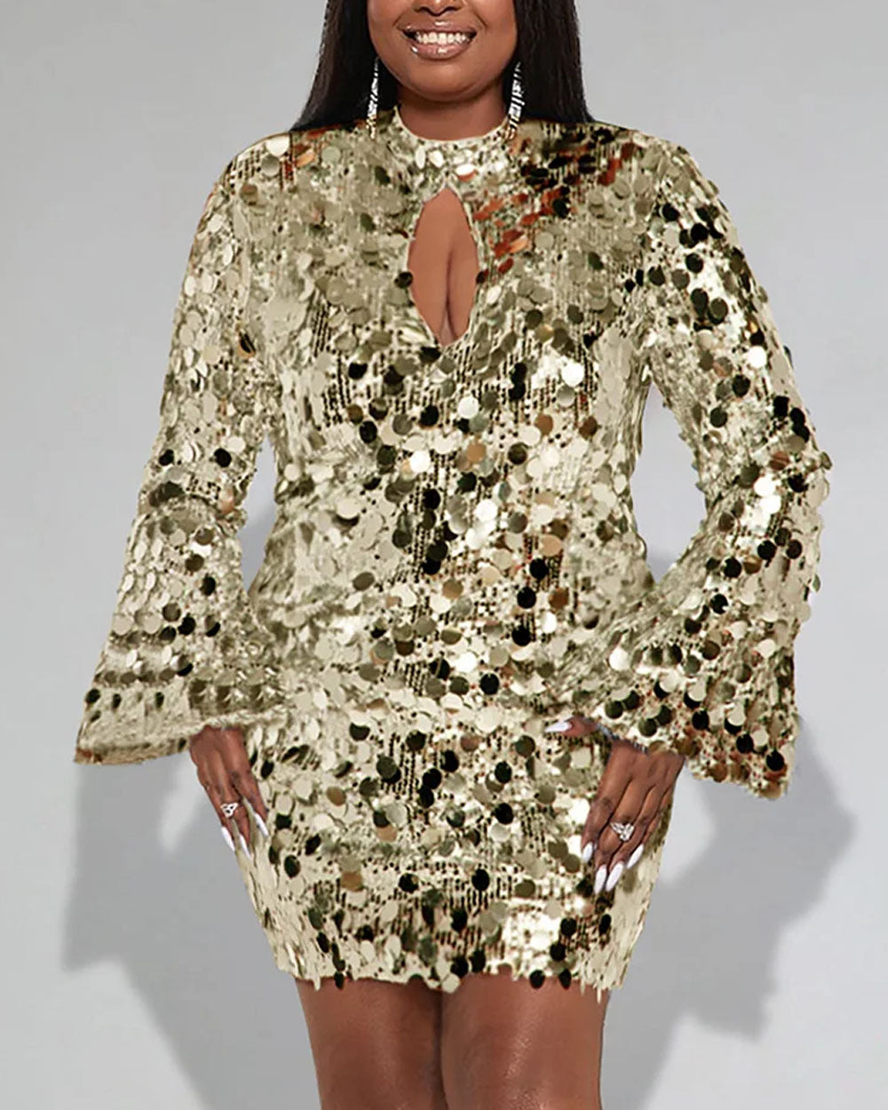 Plus Size Party Dress Silver Metallic Disco Sequin Trumpet Sleeve Mini Dress