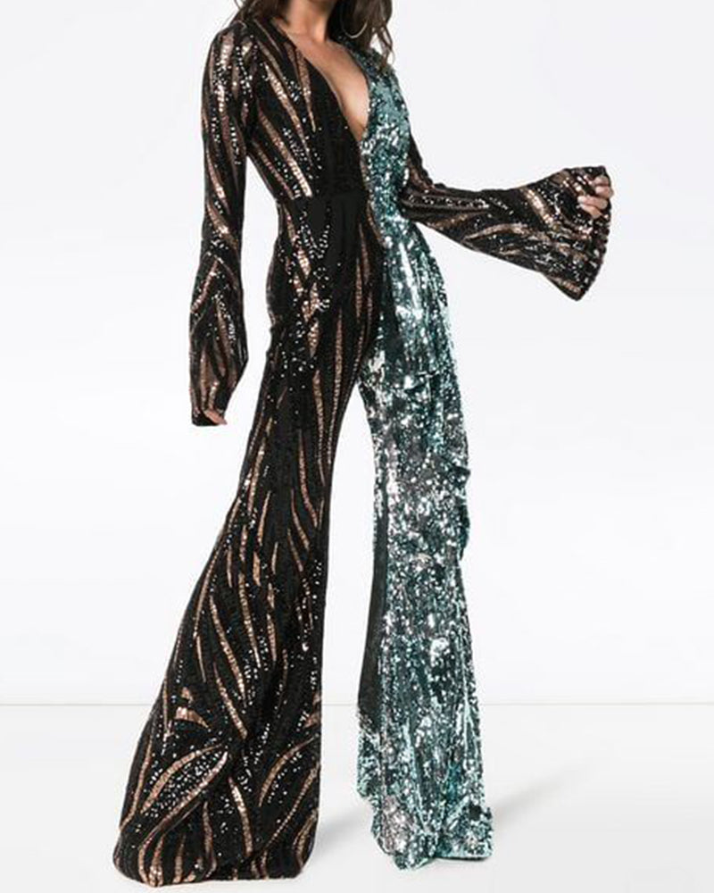 Women's Sequin Panel Two-Tone Jumpsuit