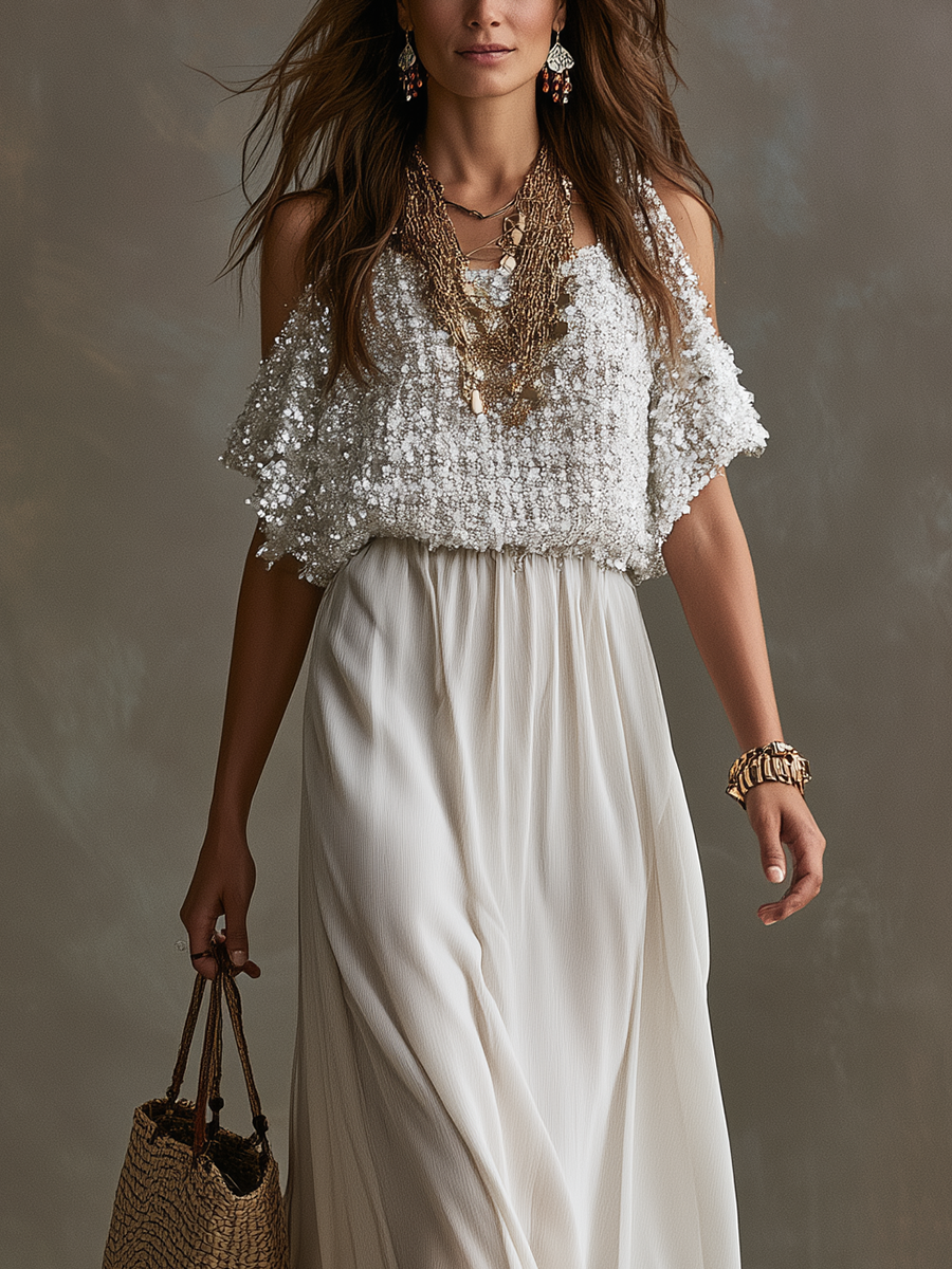 Bohemian White Off-shoulder Sequined Chiffon Maxi Dress