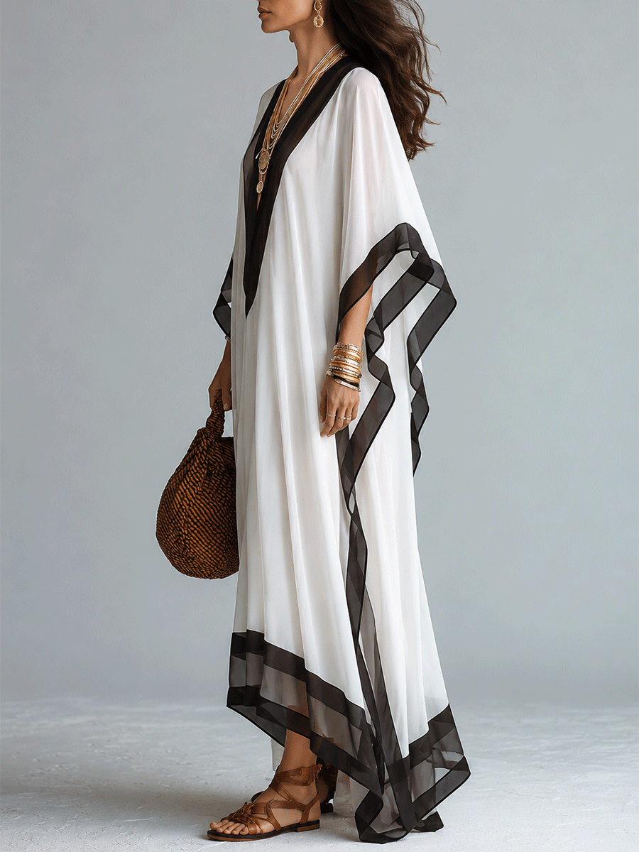 Elegant Resort Chiffon Contrast-Trim V-Neck White Kaftan Maxi Dress